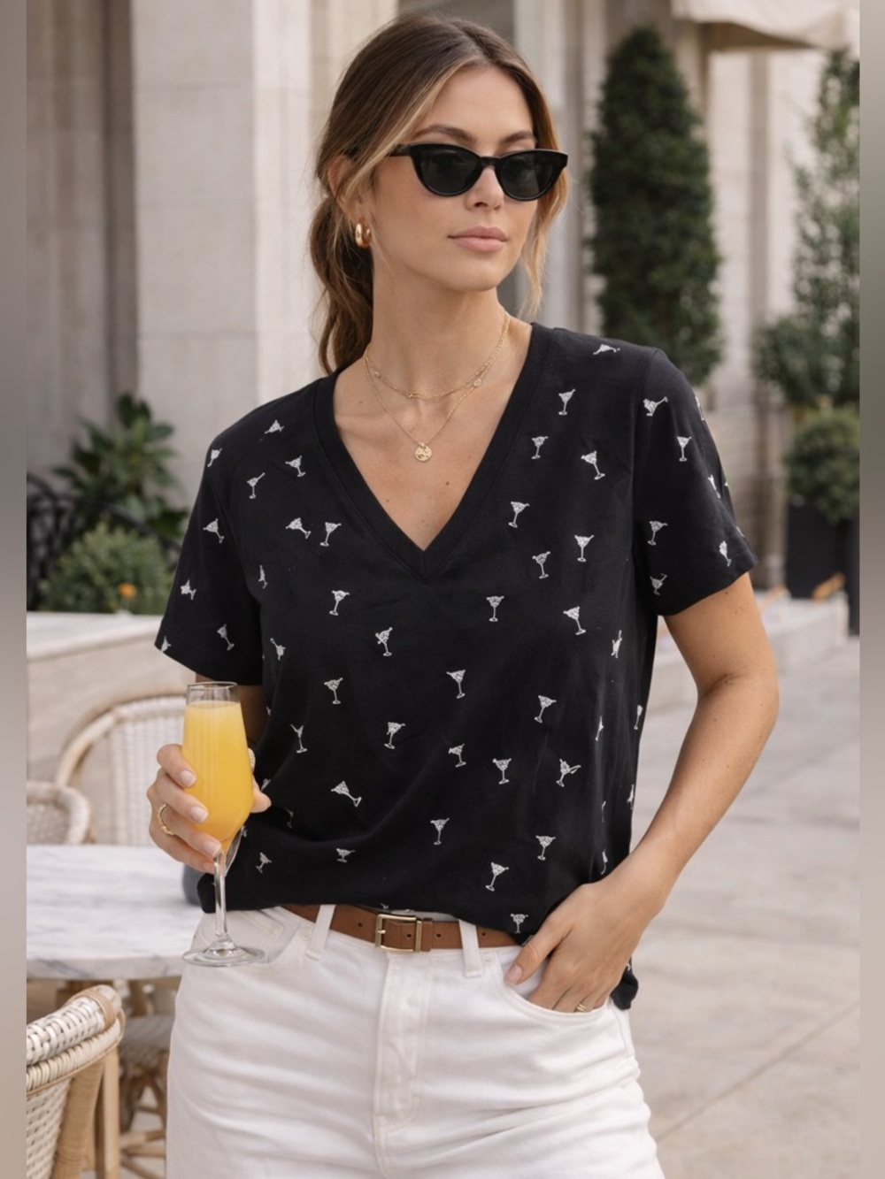 Fun + Effortless Chaser Black V-Neck Tee With Mini Martini Glass Print